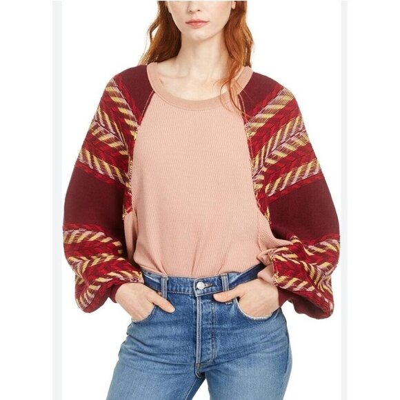 Free People Rainbow Dreams Top Arizona Sands Size Large OB978656 Balloon Sleeve - Picture 1 of 13
